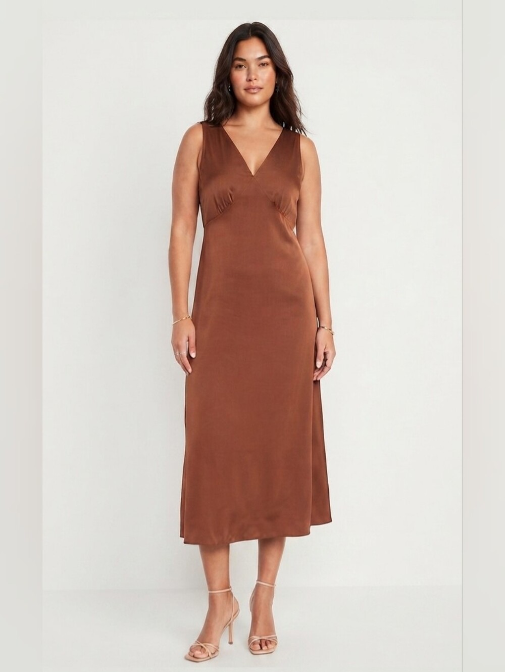 Old Navy Chocolate Brown Satin Midi Slip Dress L Feminine Romantic Quiet Luxury